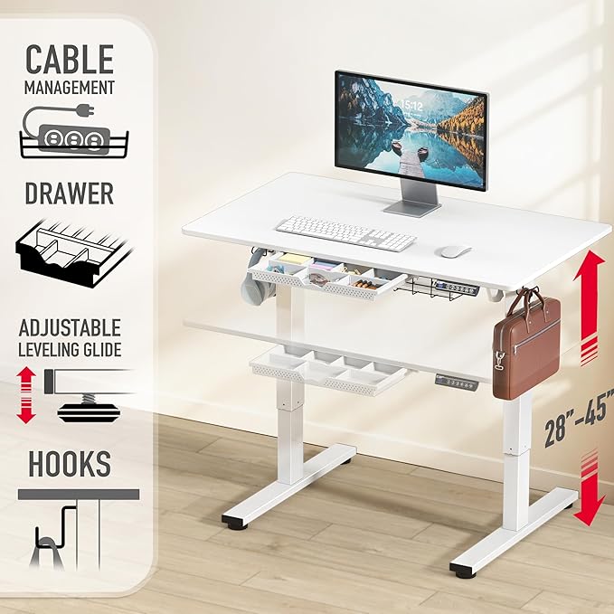 SHW 40-Inch Electric Height Adjustable Standing Desk with Drawer, Memory Preset and Cable Management Tray, White