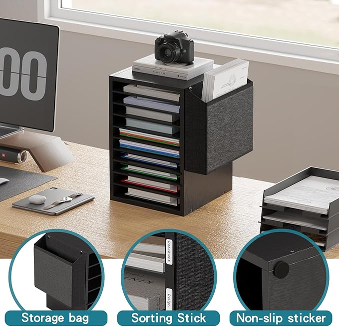 Office Mail Sorter, Wooden Paper Organizer With Storage Bag, 10 Tier Adjustable Classroom Mailbox, Removable Classroom Organization, Teacher Desk Organization for Office, Study, Black