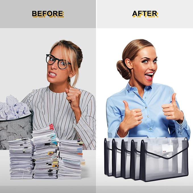 Plastic File Folders, Waterproof Transparent Expandable File Organiser, Portable Large Capacity A4B4 File Wallet for Office/Business/School (5 Pack)