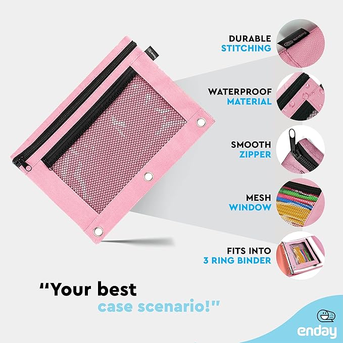 Enday Pink Pencil Pouch For 3 Ring Binder, Zippered Binder Pencil Pouches, 3 Ring Pencil Pouch for Binder, Pencil Case for Binder, Large Pencil Bags for School, Home, and Office (2 Pack)