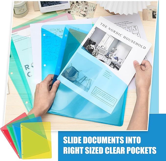 Seajan 48 Pcs Pocket Folders for 3 Ring Binder Clear Plastic Folders Sleeves with 2 Pockets 3 Hole Punch Binder Dividers Poly Slash File Jackets for Office School Document Organizer (Multicolored)