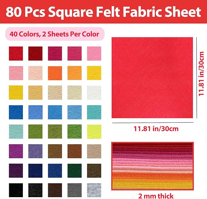 80 PCS Wool Blend Felt Sheets for Crafts 2 mm Thickness, 40 Color 11.8 x 11.8 Inch Assorted Stiff Felt Squares Bulk for Sewing Patchwork School DIY Projects Decoration