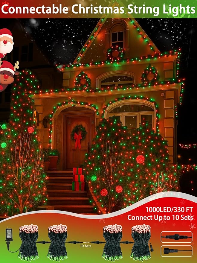 2 Pack Christmas String Lights Indoor Outdoor, Super Bright 66FT 200 LED String Lights Waterproof, 13 Modes Twinkle Xmas Lights with Timer for Christmas Tree Decorations (Red and Green)