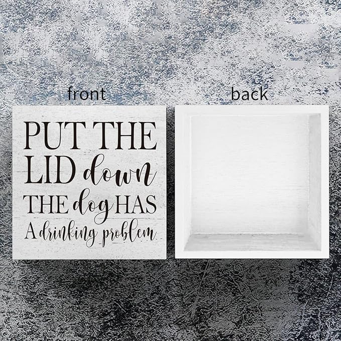 mmiishe Put the Lid Down the Dog Has a Drinking Problem Wooden Box Sign Decorative Funny Bathroom Wood Box Sign Home Decor Rustic Farmhouse Square Desk Decor Sign for Shelf 5 x 5 Inches