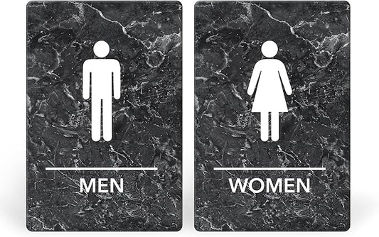Promot Men and Women Restroom Sign – ADA Braille Bathroom Sign for Business, Self-Adhesive, 9" x 6", Commercial Door Signage, Office Wall Decor - Marble Charcoal