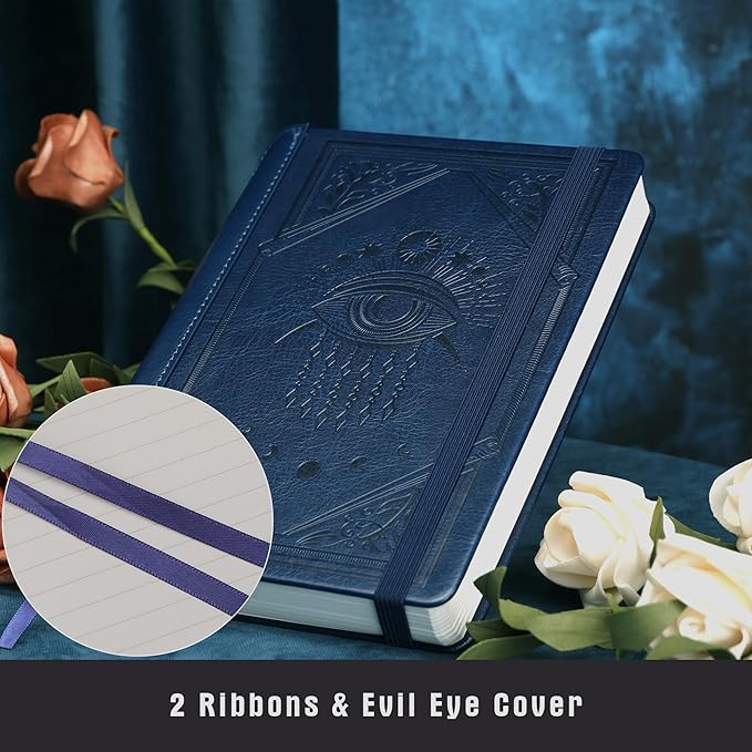 TIEFOSSI Lined Journal Notebook for Women Men, Leather Journal with Pen, A5 Evil Eye Hardcover Notebook for Work, Journaling, Travel & School, 100 GSM Thick Paper, 320 Numbered Pages, 6.2 x 8.3 in
