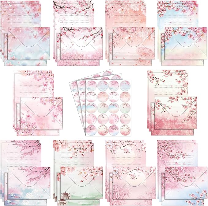 TaoBary 160 Pcs Stationery Paper Set 50 Double Sided Stationery Papers with 50 Matching Envelopes and 60 Round Dot Sticker, 10 Design(Cherry Blossom,5.5 x 8.25 Inch)