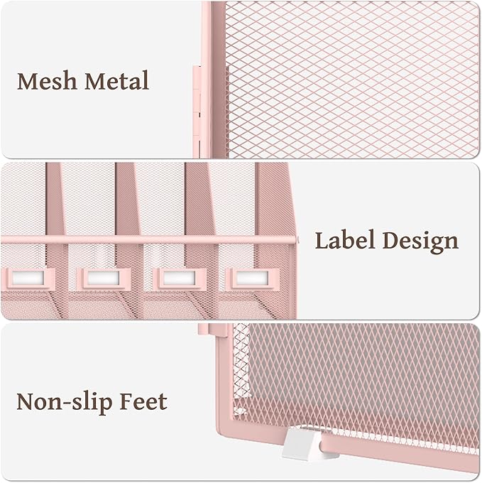 SUPEASY Desk Organizers Metal Desk Magazine File Holder with 5 Vertical Compartments Rack File Organizer for Office Desktop, Home Workspace, Pink