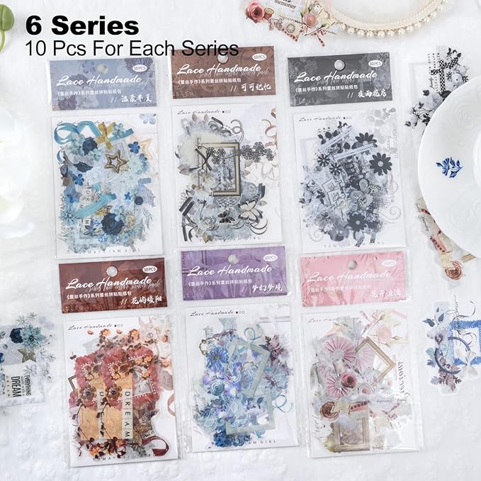 60Pcs Lace PET Stickers, Floral Designs for Scrapbooking DIY Crafts Journaling Supplies Junk Journal Ephemera with Storage Organizer