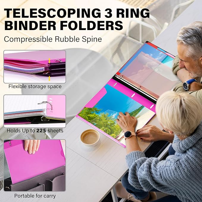 WOT I Telescoping Project Organizer 2-Pack, Refillable Binder with Dividers and Pockets, 13 Pocket Folders, 1 Inch 3 Ring Binder, Pink