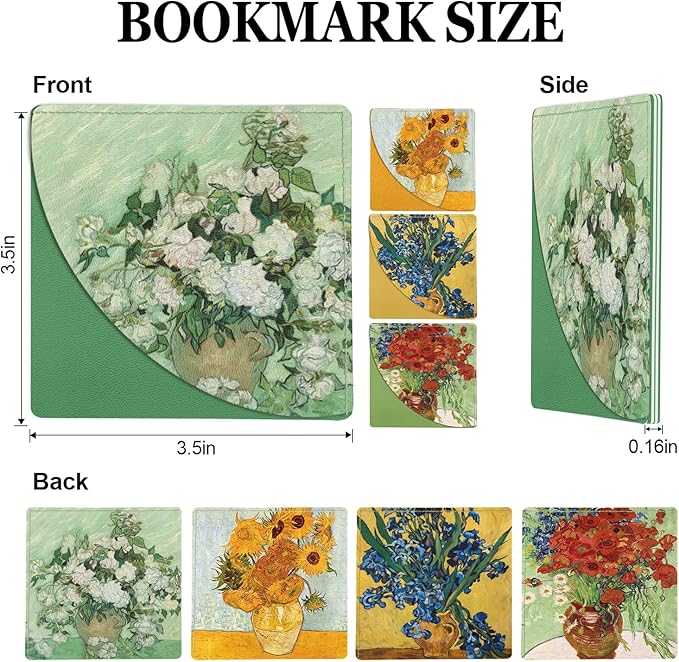 Cute Floral Leather Bookmarks 4Pcs, Van Gogh Oil Painting Making Corner Bookmark, Fun Book Accessories for Reading Book Lovers, Personalized Page Markers（Rose Sunflower Irises Poppies ）