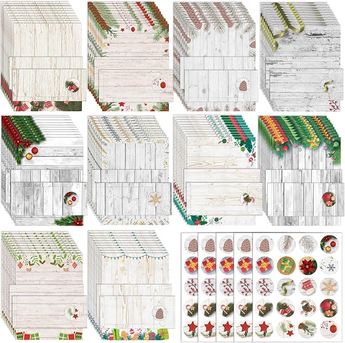 250Pcs Christmas Stationery Paper and Envelope Set with 100 Letterhead Papers and 50 Envelopes, 10 Design for Letter Writing Invitations Computer Holidays Party Notes, 8.5x11 Inch-Wood Grain
