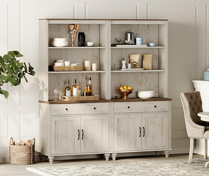 WAMPAT 5 Tier Bookshelf 72" Tall Bookcase with Barn Doors, Large Farmhouse Display Book Shelf with 2 Drawers and Storage Cabinet, Library Wood Bookshelves for Living Room,Kitchen, Rustic White (2PCS)