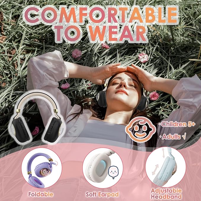 Kids Bluetooth Headphones - Light Up Cat Over Ear Kids Wireless Noise Cancelling Headphones with Microphone for Kids for School Gaming Headset Headphones for IPad Kindle Tablet PC Travel (Black Gold)