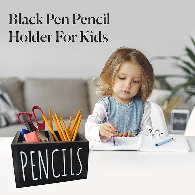 Wood Pencil Holder for Classroom - 6’’ Wooden Black Pen Holder for Desk, 2 Compartment Pen Storage and Color Pencil Organizer for Desk, Cute Stationery Supplies for Classroom, Black