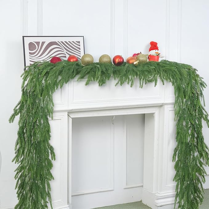 2 Pcs 6 Ft Artificial Norfolk Pine Christmas Garlands for Holiday Indoor Outdoor Decor，Real Touch Pine Garlands，Artificial Greenery Garland for Home Dining Table，Mantel，Wall Porch Christmas Decor. ﻿