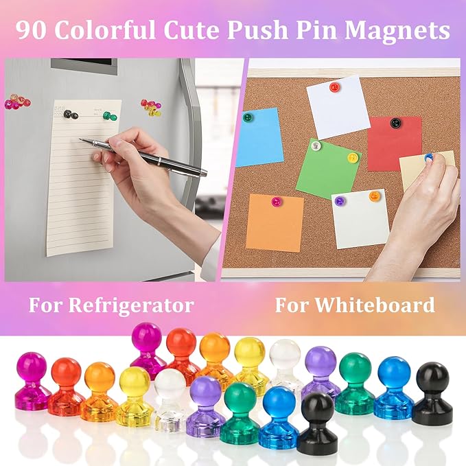 90 PCS Colorful Strong Magnetic Push Pin Magnets, 9 Assorted Color Magnetic Push Pin Magnets for Office, Classroom, Kitchen Home and School, Map Magnets, Whiteboard Magnets