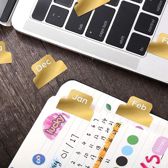 72 Pieces Adhesive Monthly Planner Tabs Monthly Index Stickers Decorative Label Calendar Stickers for Office Study Planner Journal Notebook Back to School Accessories(Gold)