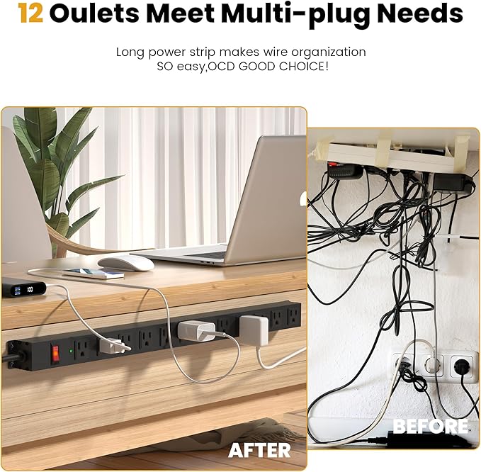 12 Outlet Long Power Strip Surge Protector with 2100 Joules, 6FT Power Cord, Wide Spaced Outlet Power Bar, Overload Protection Switch, Industrial Heavy Duty for Work Bench, Shop, Garage (Black)…