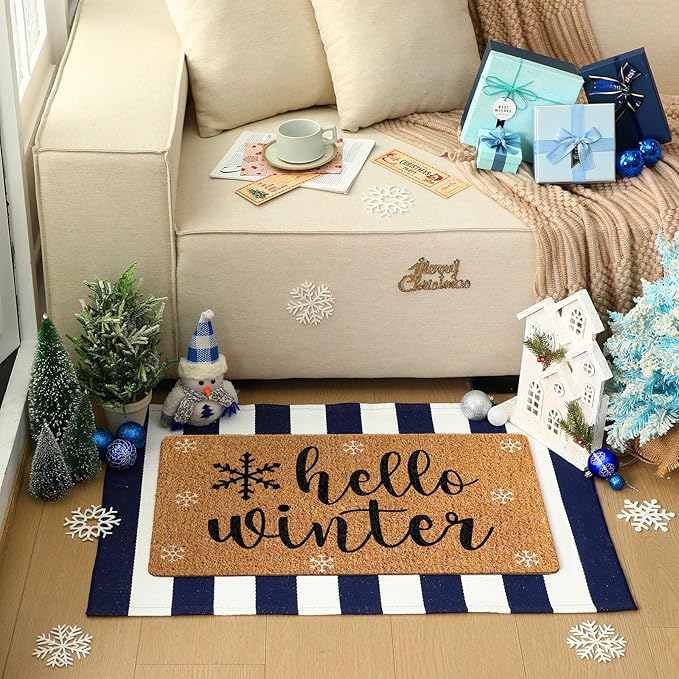2 Pcs Hello Winter Door Mat Outdoor Snowflake Nature Coir Welcome Outdoor Rug Dark Blue White Stripe Winter Front Door Rugs Non Slip Floor Mats for Indoor Entrance Porch Decor