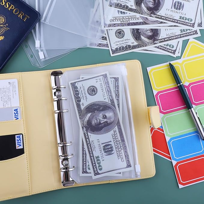 Antner A6 Budget Binder with Zipper Cash Envelopes for Money Organizer & Budgeting, PU Leather Budget Planner Money Saving Binder with Cash Stuffing Envelopes & Labels for Home Office Travel, Yellow