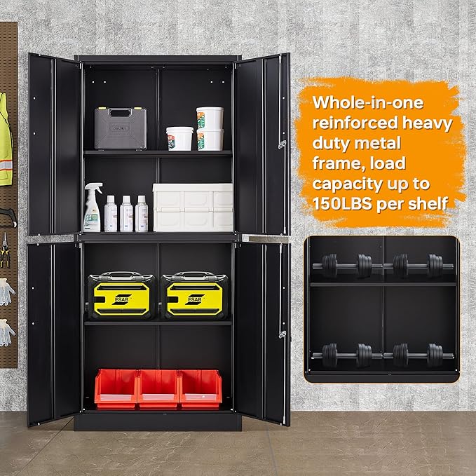 STANI Metal Storage Cabinet, Locking Steel Cabinet with 4 Doors and 2 Adjustable Shelves, 71" Tall Steel Cabinet for Home Office, Garage, School (Black)