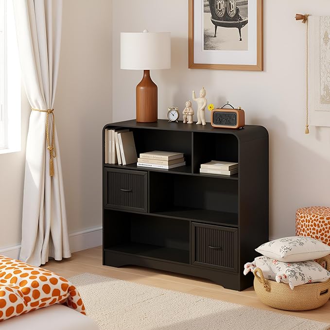 6 Cube Storage Organizer, 48" Wide Cube Storage Organizer w/Adjustable 2 Bins Storage, Modern Wooden Bookshelves and Bookcase w/Drawers, Large Bookshelf w/Open Display Shelves for Living Room, Black