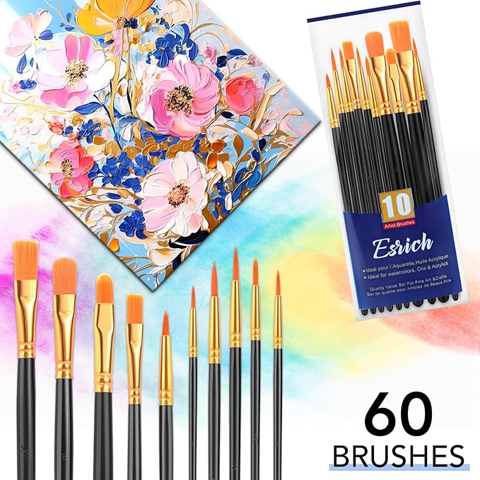 ESRICH Paint Brush Set,6 Packs 60 Pcs Nylon Hair Paint Brushes for Acrylic Painting,Artist Paintbrushes for Acrylic,Oil,Watercolor Painting,Face Nail Art,Paint Brushes for Kids,Black