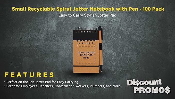 DISCOUNT PROMOS 100 Recyclable Spiral Small Notebooks Pack - Customizable Text, Logo - 60 Lined Pages - Black