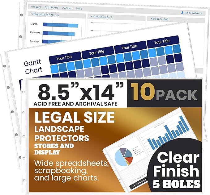 PERFORMORE 10 Pack of 8.5” x 14” Heavyweight Landscape Sheet Protectors, Legal Paper Sleeves, Clear Archival Quality, Horizontal Legal Size Clear Sheet Protectors for Binders Documents