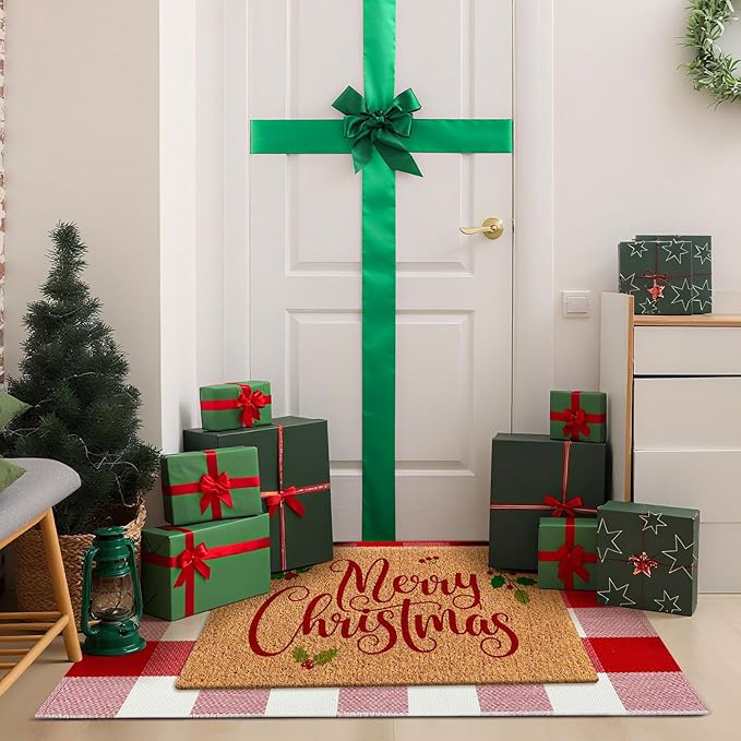 2 Pcs Merry Christmas Door Mat Outdoor Christmas Nature Coir Welcome Outdoor Rug Red White Checked Xmas Front Porch Rugs Non Slip Floor Mats Indoor Entrance Decor