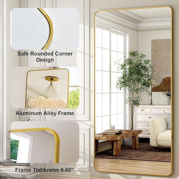 HARRITPURE 80x40 inch Oversized Full Length Mirror Aluminum Frame Floor Mirror Rectangular Full Body Mirror with Stand for Living Room,Bedroom,Cloakroom,Gold