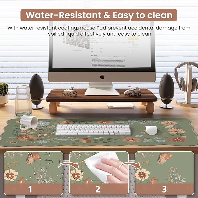Desk Pad Mat Green, Wrist Rest Support for Mouse Pad&Keyboard Set, Scalloped Vanity mat Protector for Makeup, Cute Floral Nail Mat, Aesthetic Desk Protector for Women's Office Home, Dorm