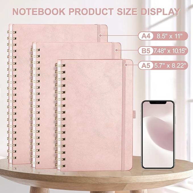 AHGXG Graph Paper Notebook - B5 Large Spiral Notebook Hardcover Leather Journal 140 Pages, Grid Notebook 7.6" x 10", 100 gsm Thick Paper, for School Writing Graphing Engineering Math, Rose Gold