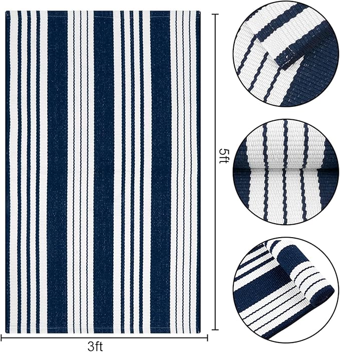OJIA Blue and White Outdoor Rug 3’x5‘ Cotton Woven Christmas Striped Front Porch Rug Machine Washable Indoor Outdoor Rugs Farmhouse Entry Rug Layered Door Mat for Entryway/Kitchen/Laundry/Living Room