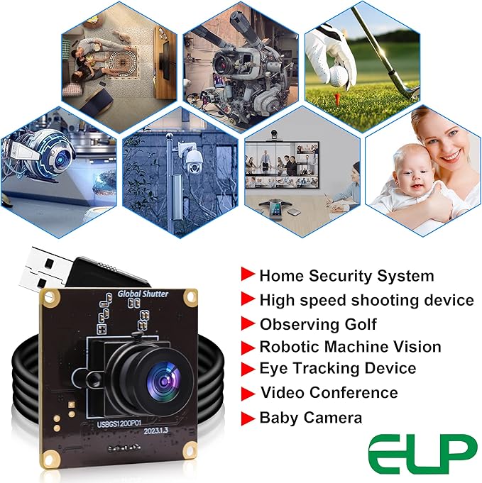 ELP High Speed Wide Angle Global Shutter USB Camera Module for Computer 1080P Mini UVC USB2.0 Webcam Board with 2.1mm Lens AR0234 High Frame 90fps Web PC Camera Board for Laptop Raspberry Pi