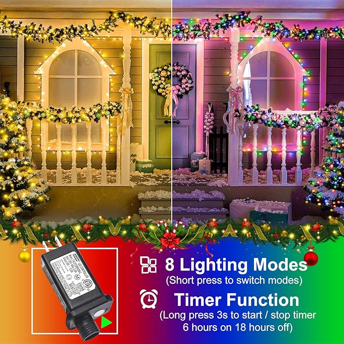 2 Pack Christmas Lights Outdoor, Total 200FT 600LED Christmas String Lights Waterproof, Green Wire Twinkle Tree Lights for Indoor Patio Party Decorations, 1 Pack Warm White & 1 Pack Multicolor