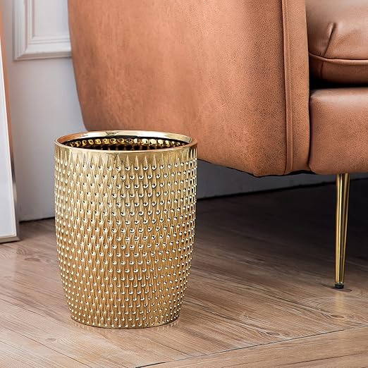 Modern Golden Small Trash Can Wastebasket, Garbage Container Bin for Bathrooms, Powder Rooms, Kitchens, Home Offices - Durable Ceramics - Round
