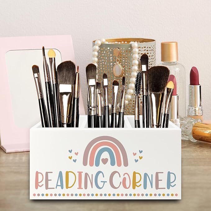 Boho Reading Corner Pen Pencil Holder Organizer for Desk, Boho Rainbow Bookish Wooden Box Signs Decorations for Reading Nook Corner Room Desk Tabletop, Book Lover Reader Gifts