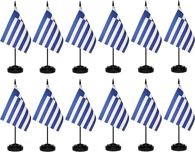 Greece Flags Greek Desk Flags Set Small Mini Greece Flags Table Flag with 13" Black Pole, Black Base and Spear Top, Miniature Greek Deluxe Desktop Flag, Home Decoration, Office Decoration, Festival