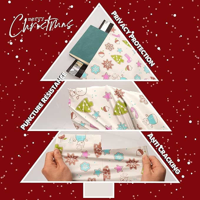 Christmas Poly Mailer 10x13 Inch 100 Pcs, Waterproof Shipping Bags for Clothing, Tear-Resistant Mailier Bags, Strong Mailing Bags with Self-Seal - Christmas Elements Printed