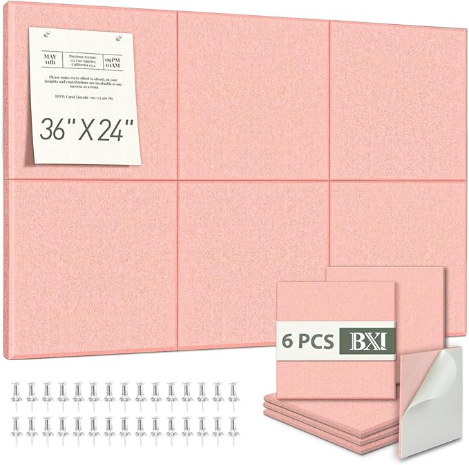 BXI Felt Bulletin Board - 36 X 24 Inches, 6 Pcs Self-Adhesive Decor Cork Boards with 30 Pushpins, Sturdy Acoustic Wall Panels for Office Work, Poster Pin Tiles for Teen Dorm Room Kitchen Classroom