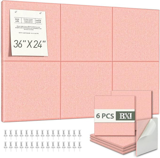 BXI Felt Bulletin Board - 36 X 24 Inches, 6 Pcs Self-Adhesive Decor Cork Boards with 30 Pushpins, Sturdy Acoustic Wall Panels for Office Work, Poster Pin Tiles for Teen Dorm Room Kitchen Classroom
