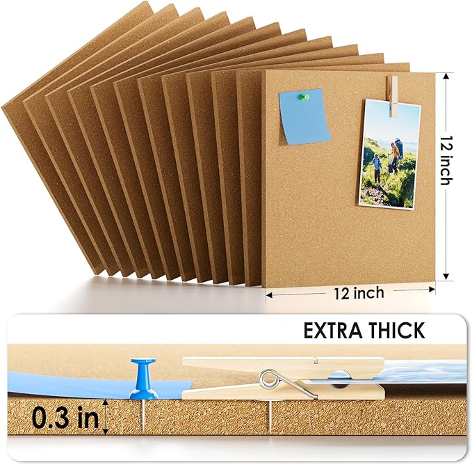 MaxGear Large Cork Board for Wall 48" x 36", 12 Pack Cork Board Tiles with 40 Pushpins & Safe Removable Adhesive Tabs, 12" x 12" Corkboards for Office, School & Home