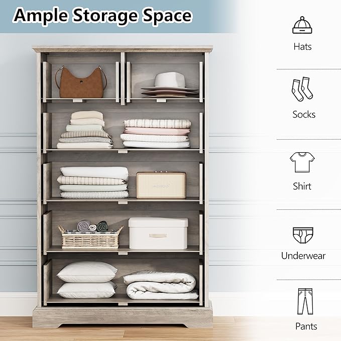 6 Drawer Dresser for Bedroom, 49" Tall Wooden Chest of Drawers, Rustic Farmhouse Dresser with Large Drawers & Metal Handles, Modern Storage Organizer for Closet, Living Room, Hallway, Grey