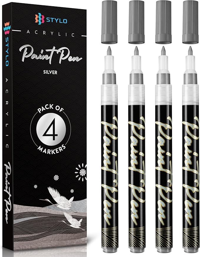 Stylo 4 Count Acrylic Metallic Pens - Silver Paint Pens - Fine Tip Permanent Acrylic Metallic Paint Markers for Rock Painting, Glass, Wood, Ideal for Arts and Crafts (Pack of 4, Silver)