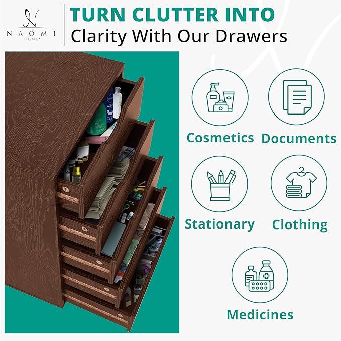 Naomi Home Wooden Office File Cabinets for Home Office, Lateral File Cabinet, Mobile Storage Cabinet Filing Storage Drawer Espresso/5 Drawer