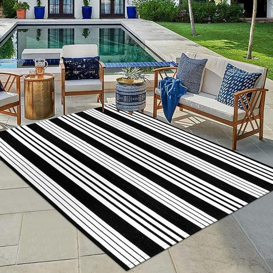OJIA Black and White Outdoor Rug 4x6 ft Cotton Woven Patio Rug Machine Washable Front Door Mat Indoor/Outdoor Area Rugs Floor Mat for Farmhouse/Front Porch/Lawn/Living Room
