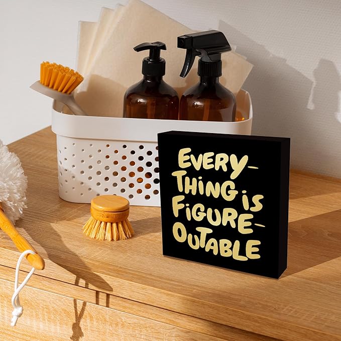 Inspirational Black Gold Office Decor, Every Thing is Figure Outable Motivational Office Accessories Wooden Box Sign, Inspirational Gifts for Women, Men Wall Desk Shelf Tabletop Decoration