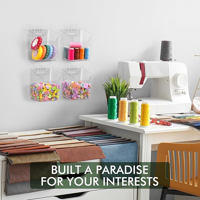 Clear Adhesive Wall Storage Bins, M Size 4 Pack Cabinet Door Organizer Holders, Hanging Wall Mount Pockets, Plastic Cups for Shower Bathroom Makeup Office Craft Remote Kitchen Sink RV Organization